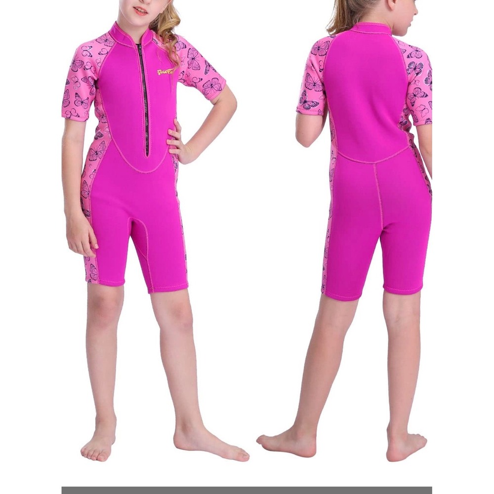 Goldfin Wetsuit Kids Size 6 Pink Excellent 2mm Neoprene Shorty Butterfly Zip
